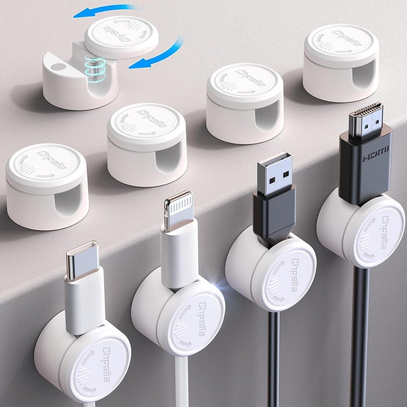 Chfeila 9 Pack Magnetic Cable Clips - [Upgraded Twist-Lock] Cord Organizer, [360°Rotating Lid] Cable Management, Adhesive Wire Holder for Home Office Desk Desktop Nightstand Car Table Wall (White) - Image 1